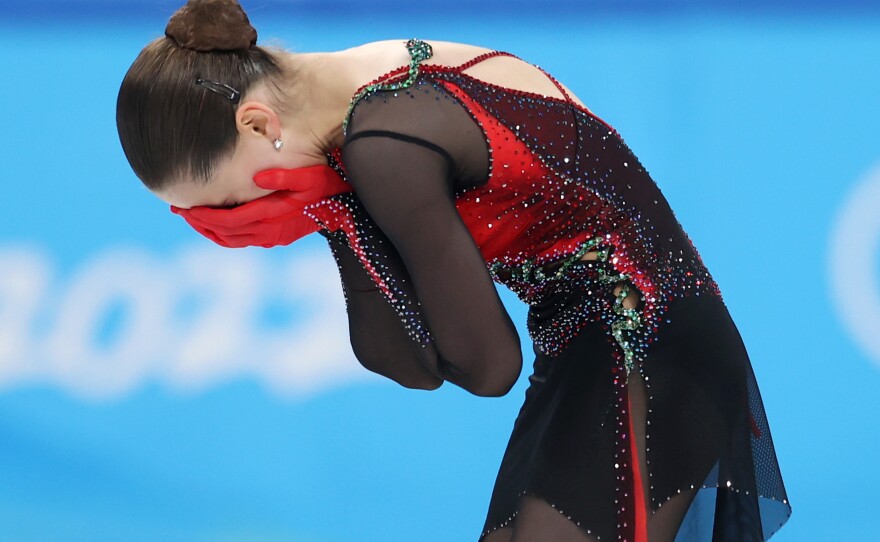 Kamila Valieva of Team ROC reacts after skating during the women's individual figure skating final on Thursday in Beijing.