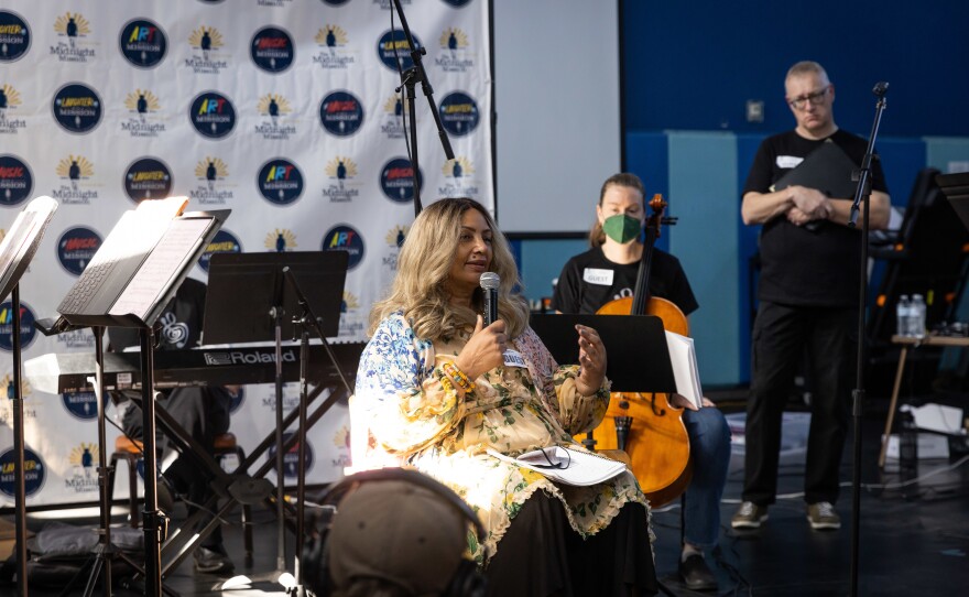 Longtime Skid Row resident Linda Leigh, speaking during a recent Street Symphony performance.