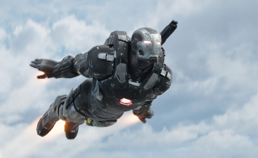 Don Cheadle in costume as War Machine in <em>Captain America: Civil War.</em>
