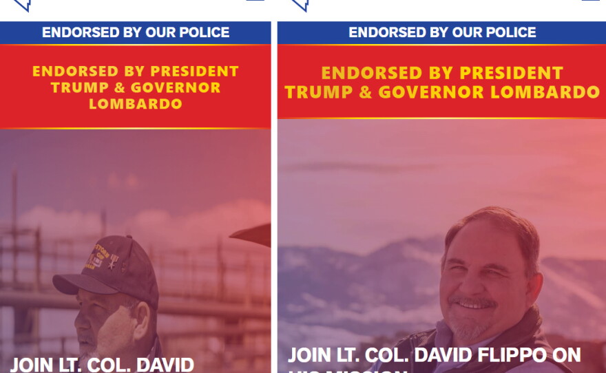 In these screenshots from David Flippo's campaign website, the left shows a photo of his veteran hat featuring two "V" — for Valor — pins next to his Bronze Star pin. On the right is the site after NPR asked why he wears two "V" pins, showing the photo was swapped out.