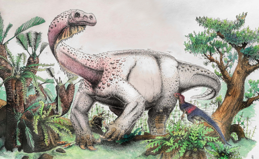 An artist's reconstruction of Ledumahadi mafube, which means "a giant thunderclap at dawn," foraging during the early Jurassic in South Africa.