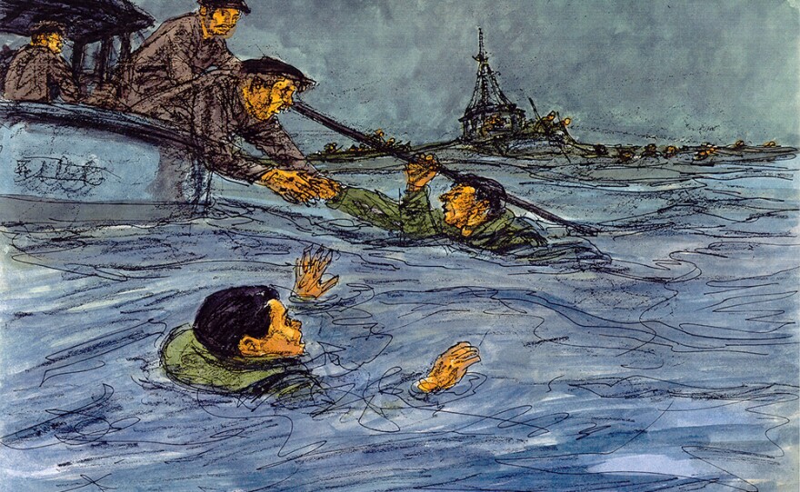 A painting depicting the rescue of soldiers from the SS Leopoldville sinking in December 1944. 