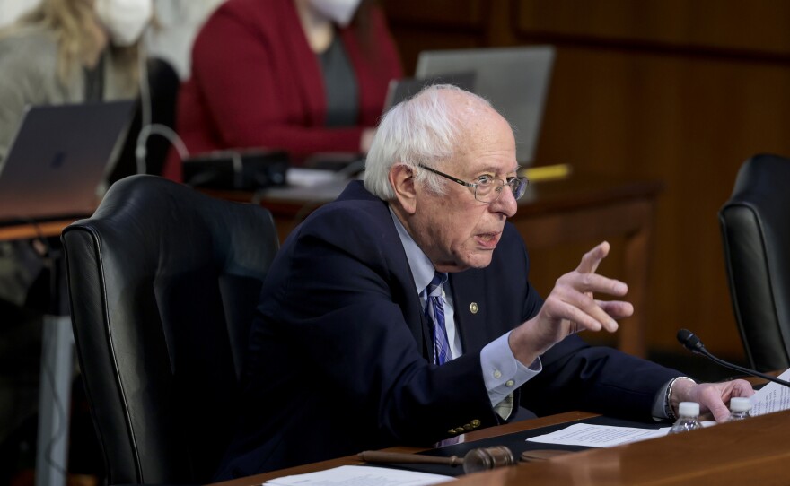 Senate Budget Committee Chairman Bernie Sanders speaks during a committee hearing in the Hart Senate Office building on February 17, 2022 in Washington, DC.