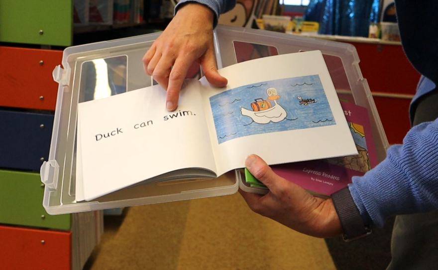 Decodable books teach kids letter and sound combinations in a sequence. This book introduces them to blends, where two consonants are next to each other.