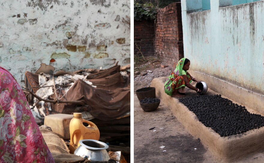 Rita Devi, 40, left, lives dangerously near coal fires in Boka Pahari village and says her son recently died of cancer. Her district suffers some of the highest incidence of chronic disease in the state. The government is evacuating residents but many fear losing their livelihoods. A woman, right, makes charcoal briquettes outside her home to sell as fuel for cooking and heating.