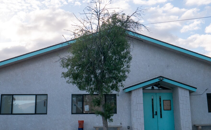 Jacumba community center's teal doors welcome residents on Wednesdays and Sundays for hot, home-cooked meals. On Oct. 13, 2025, members of the community sponsor group, which collaborates with county leadership, met to discuss the solar plans.
