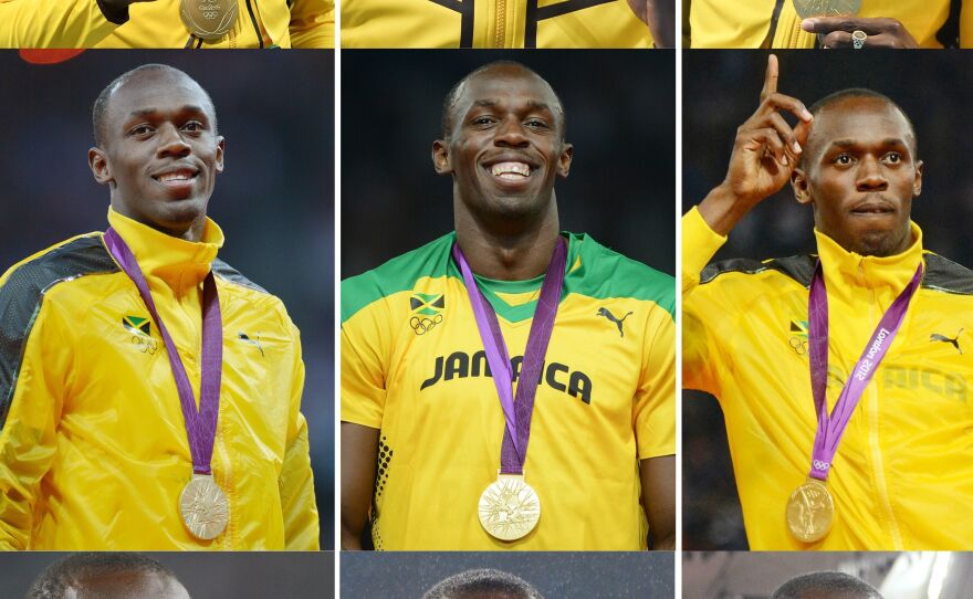 This composite of nine photographs shows Usain Bolt's then-triple-triple. He poses with his gold medals at the Beijing 2008 (bottom row), London 2012 (middle row) and Rio 2016 Olympic Games. The medals are for (left to right) 100-meter, 200-meter and 4x100m races.