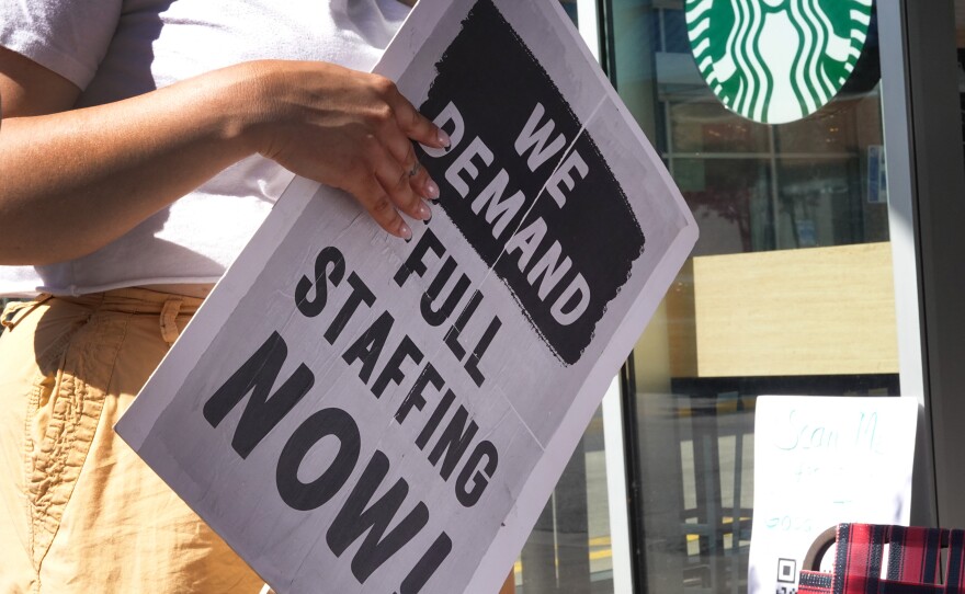 People picket in front of a Starbucks store in the Greektown neighborhood of Chicago on June 24, 2023. Starbucks has fought hard against unionization efforts and unionized stores have yet to win a new contract.