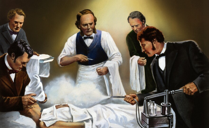 Joseph Lister directing the use of carbolic acid spray in one of his earliest antiseptic surgical operations, circa 1865.