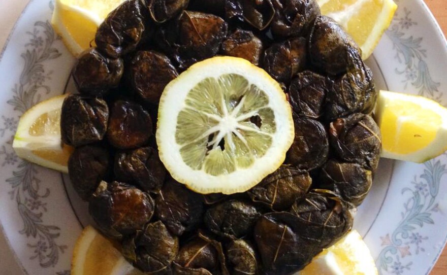 A batch of dolmades the author made in Dunedin, New Zealand. The leaves were from a vine in her friend's backyard.