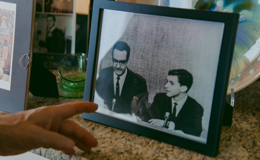 Ray Kurzweil points to a photograph of himself with his father, Fred.