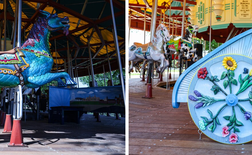 Left: One of the Smithsonian National Carousel's 56 restored horses. Right: A new ADA-compliant chariot featuring Washington, D.C., landmarks.