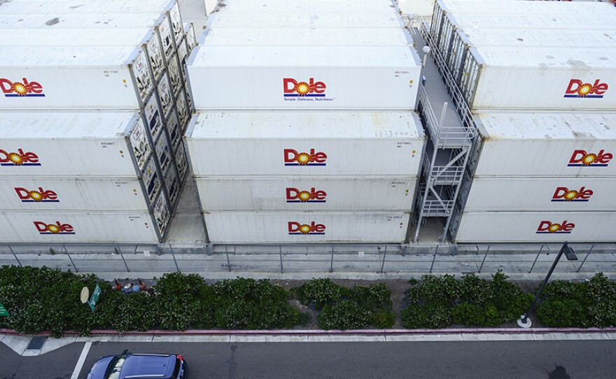 Cargo containers for Dole Fresh Fruit Co., a Port of San Diego tenant, are stacked up at the 10th Avenue Marine Terminal, June 1, 2014.