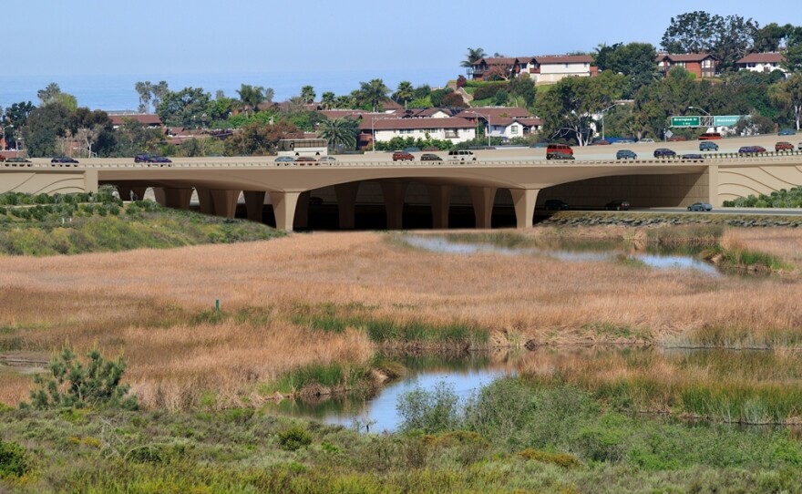 Artists rendering of the new wider bridge for Interstate 5 over the San Elijo lagoon in Encinitas. It will carry a new car pool lane in each direction. Wider column spacing allows for easier tidal flows. Construction begins 2017.