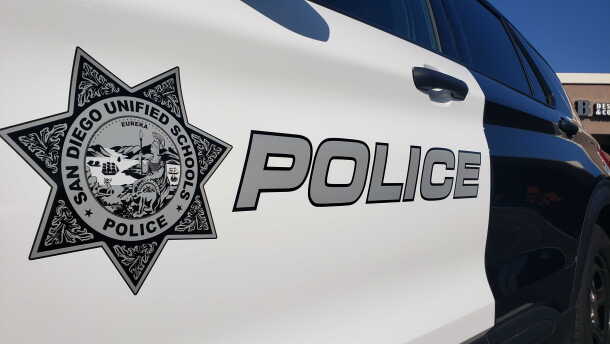 A San Diego Unified School District police car in San Diego County. Sept. 1, 2020.