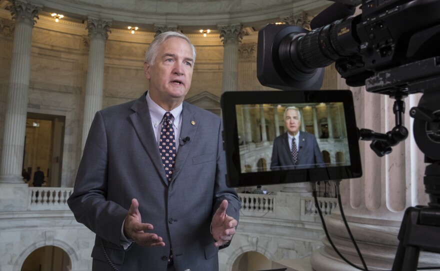 Sen. Luther Strange, R-Ala., responds to questions during a TV news interview on Capitol Hill in Washington.