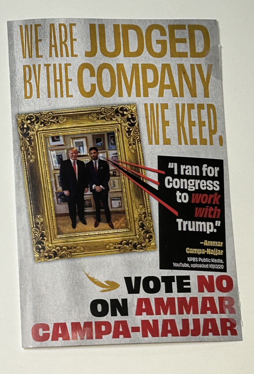 A photo of a campaign mailer sent by "Veterans for Truth PAC" attacking congressional candidate Ammar Campa-Najjar. Photo taken by Jake Gotta.
