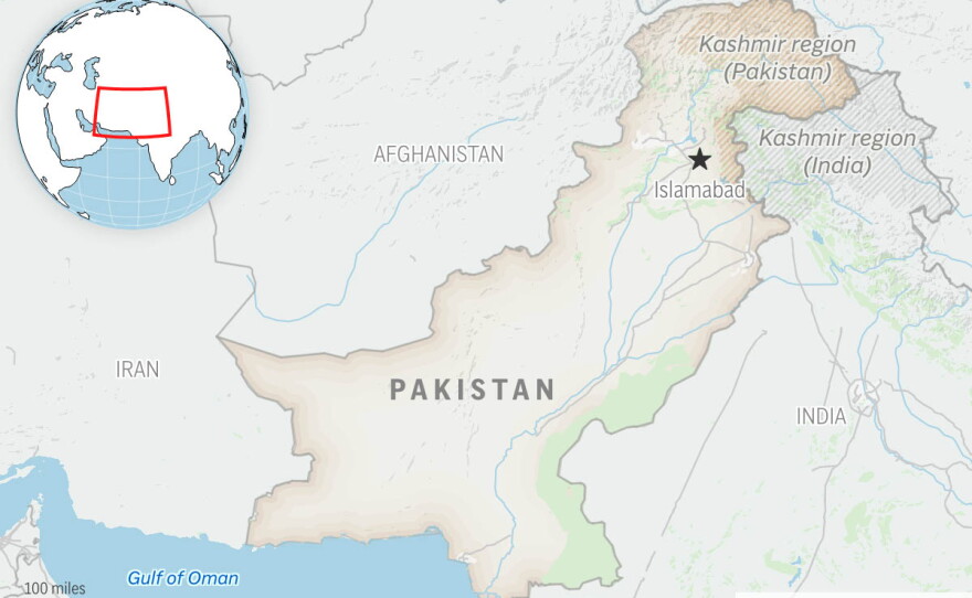 This is a locator map for Pakistan with its capital, Islamabad, and the Kashmir region.