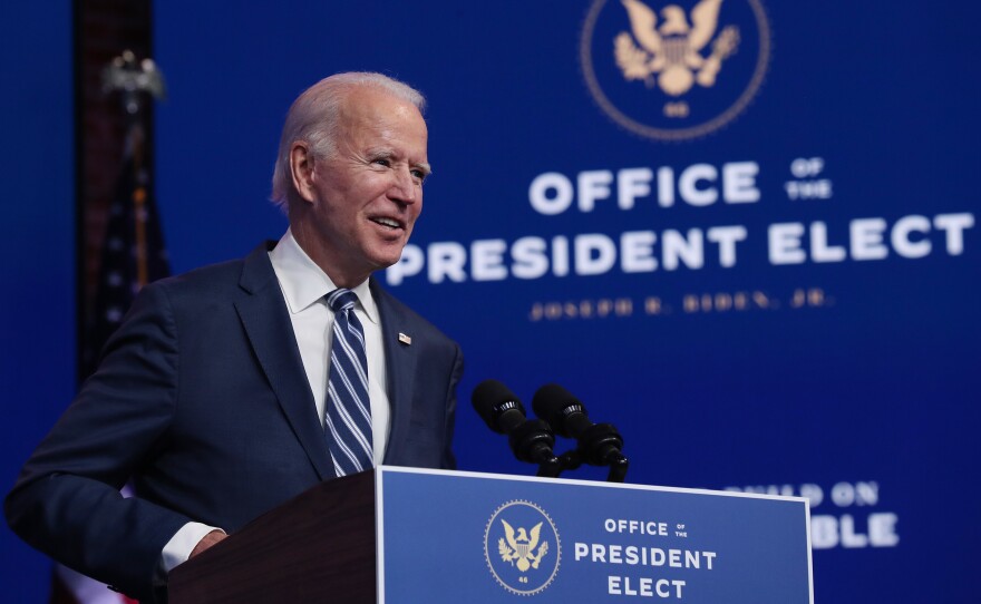 President-elect Joe Biden addresses the media Tuesday in Wilmington, Del., about the Trump administration's lawsuit to overturn the Affordable Care Act.