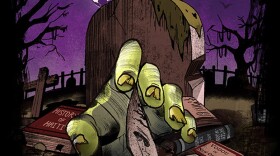 "Exhumed: A History Of Zombies" key art (graphic with hand coming out of a grave under the moon). 