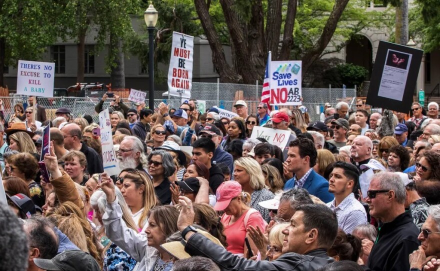 Protestors gather to rally against Assembly Bill 2223 at the state Capitol in Sacramento on April 19, 2022.