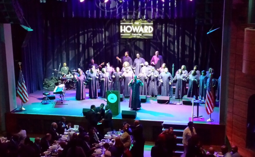 Patrick Lundy and the Ministers of Music gospel choir perform Tuesday at the Republican National Committee's awards lunch at Washington's Howard Theatre.