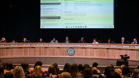 Grossmont Union High School District trustees sit before students, staff and community members at the board meeting on Jan. 15, 2026.