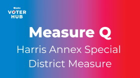 The text "Measure Q: Harris Annex Special District Measure" is displayed over a blue to red gradient background, in this undated graphic. 