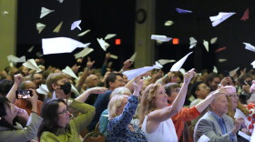 Audience members toss paper airplanes during the 2025 Ig Nobel Prize award ceremony in Boston, Mass.
