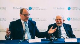 Prince Albert II of Monaco and famed oceanographer Walter Munk speak about climate change, Oct. 26, 2017. 
