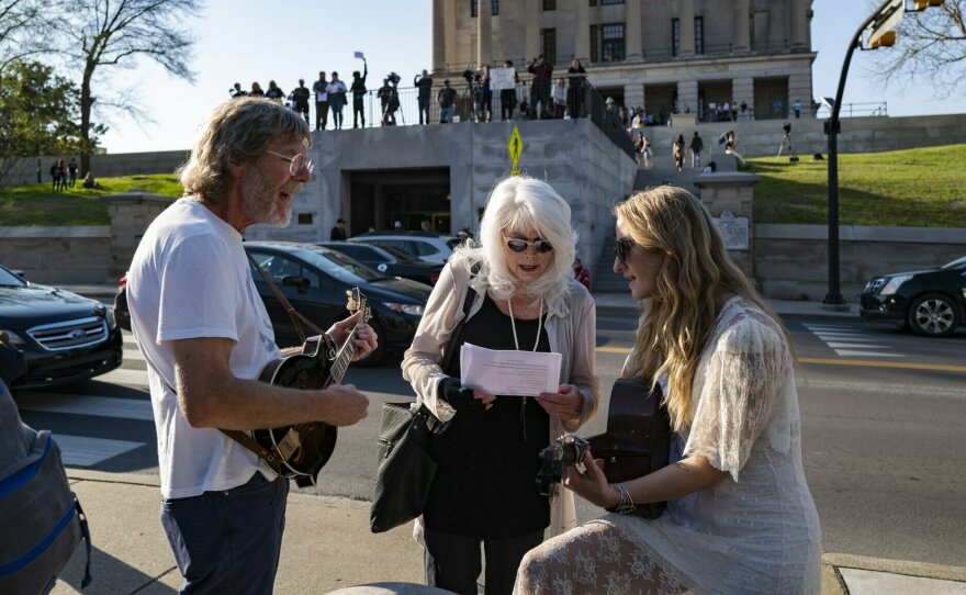 Sam Bush, Emmylou Harris and Margo Price outside Nashville's Legislative Plaza (now colloquially known as People's Plaza or Ida B. Wells Plaza) for Justin Jones' reinstatement to the state Legislature.