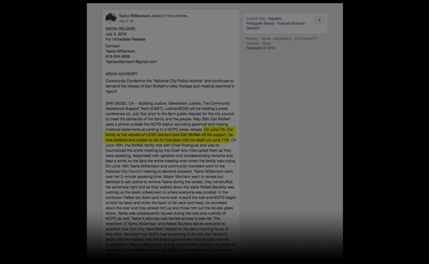 Earl McNeil Facebook press release by Tasha Williamson.