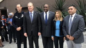 San Diego Mayor Kevin Faulconer poses for a photo with Police Chief David Nisleit, Rev. Gerald Brown, San Diego County District Attorney Summer Stephan and Pastor Jesus Sandoval, Tuesday, Nov. 20, 2018. 