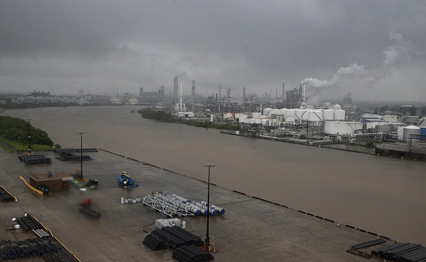 Water rises in the Houston Ship Channel on Aug. 27. Some of the largest oil refineries in the world line the channel, which connects Houston to the Gulf of Mexico.
