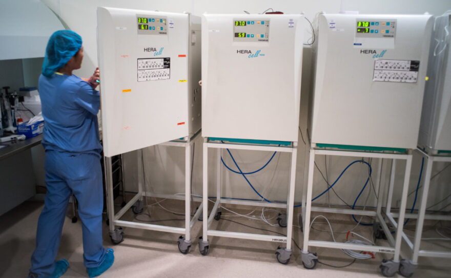 An embryologist removes an unfertilized egg from a temperature-controlled storage unit at the Pacific Reproductive Center in Torrance, Calif in this undated photo. 