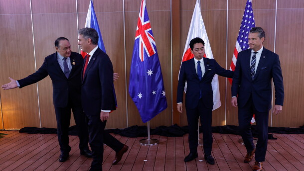 From left, Philippines Defense Secretary Gilberto Teodoro, Australia Defense Minister Richard Marles, Japan Defense Minister Shinjiro Koizumi and U.S.Defense Secretary Pete Hegseth prepare to leave after posing for pictures before holding a Quadrilateral Meeting on the sidelines of the 20th Association of Southeast Asian Nations (ASEAN) Defence Ministers' Meeting (ADMM) and 13th ADMM-Plus Meetings in Cebu, Philippines, Wednesday, Oct. 28, 2026.