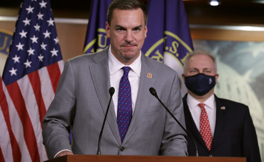 North Carolina Republican Rep. Richard Hudson talks to reporters in 2020.