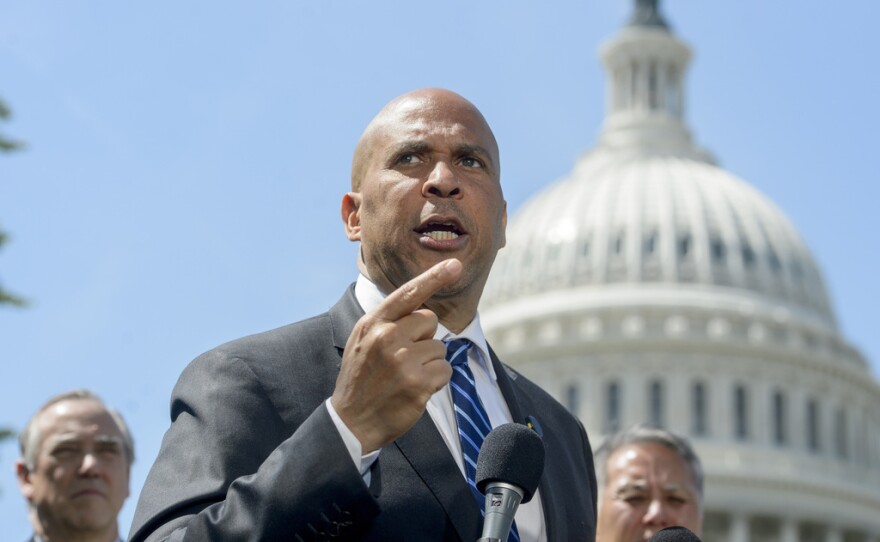 Sen. Cory Booker, D-N.J., speaks during a news conference on the Equality Act at the Capitol, Tuesday, April 29, 2025, in Washington.