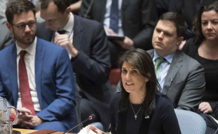 U.S. Ambassador to the United Nations Nikki Haley speaks during a Security Council meeting on the situation between Britain and Russia, on Wednesday.