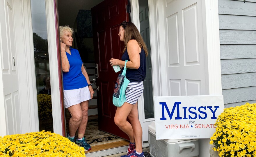 Canvassing for votes in Virginia Beach, Democrat Missy Cotter Smasal meets voter Mildred Manger. "It's just stupid that everybody has to have a gun," Manger says. "I mean, give me a break!"