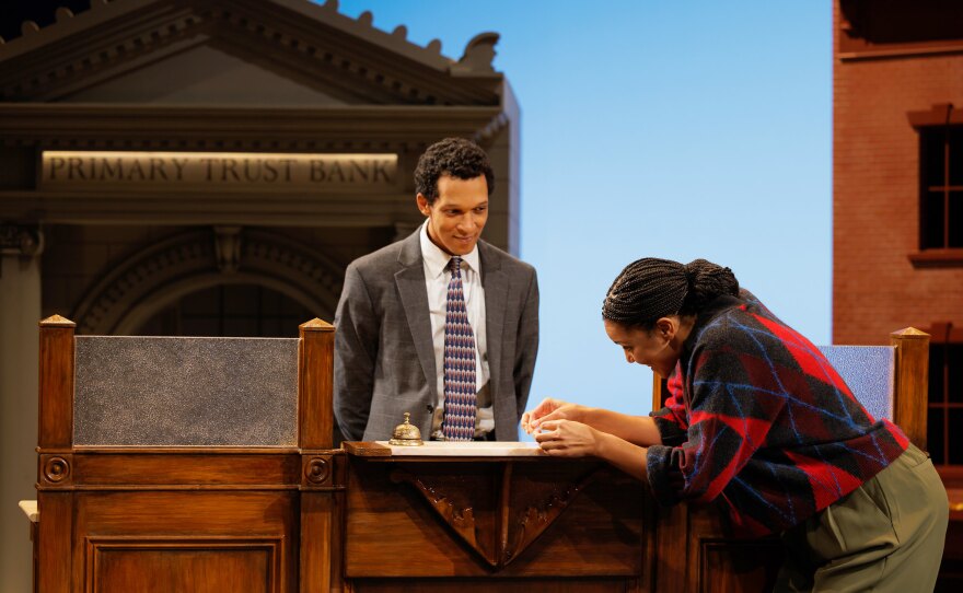 Actors Caleb Eberhardt and Rebecca S'Manga Frank are shown on stage in an undated production photo for "Primary Trust" at the La Jolla Playhouse.