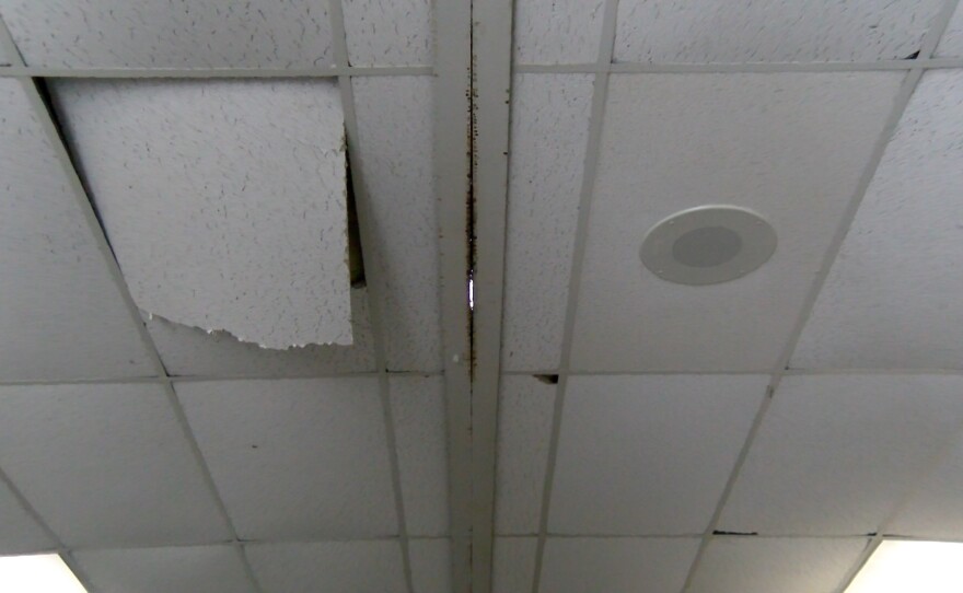 Light seeps through a gap in the ceiling of a portable classroom, now used for storage, at Ramona Elementary School on Friday, Dec. 13, 2024.