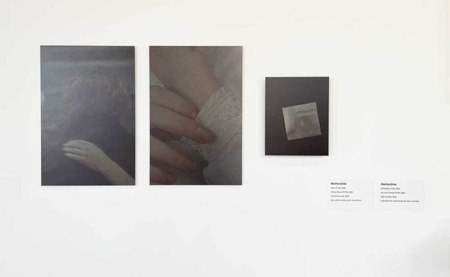 Three works by Marina Grize are shown at the Museum of Contemporary Art San Diego's Staff Art Showcase. "Held (17:44), 2022," "A New Desire (15.34), 2022," and "Something Lost, 2022" are dye sublimation prints on aluminum.