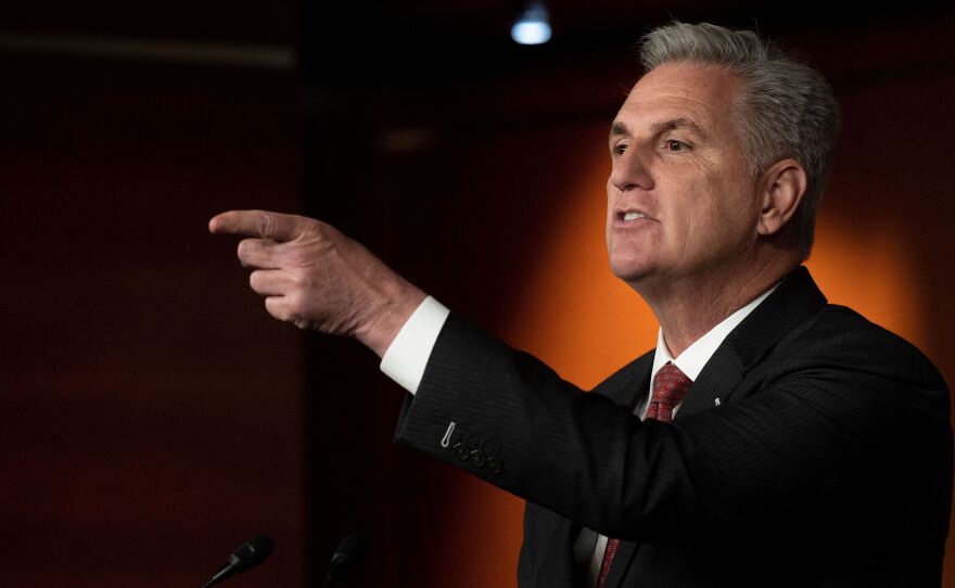 House Minority Leader Kevin McCarthy, R-Calif., speaks during his weekly press conference on Capitol Hill on Thursday.