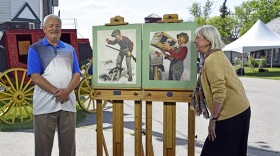 Colleene Fesko (right) appraises 1923 Joseph Francis Kernan oil illustrations at Bonanzaville in West Fargo, N.D. ANTIQUES ROADSHOW “Junk in the Trunk 10” premieres November 2020 on PBS. 
