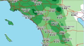 This map shows expected rainfall amounts in San Diego County as a low pressure system moves through the region,  Dec. 9, 2017.
