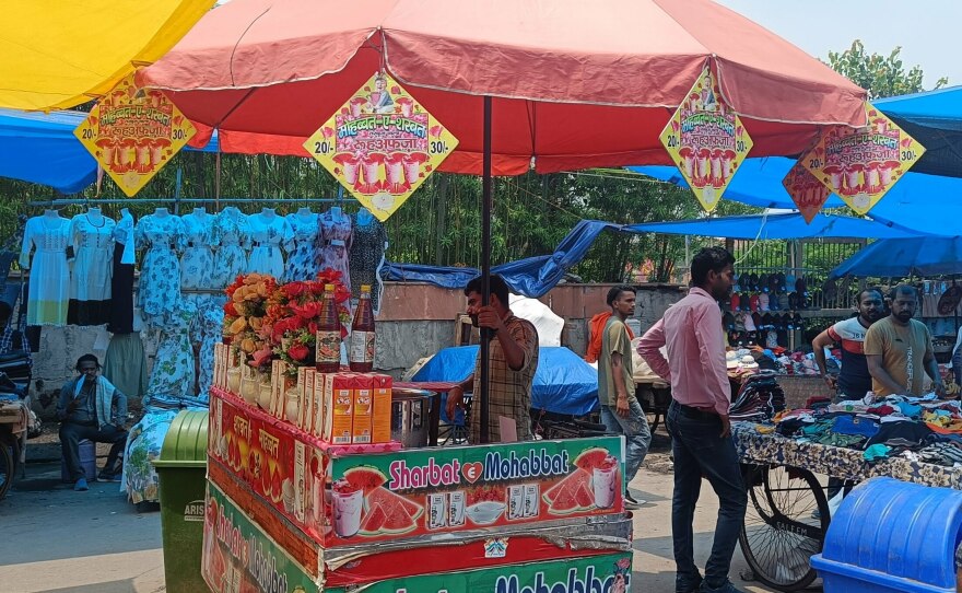 A stall in Old Delhi sells a distinctive Rooh Afza preparation made with milk and watermelon. It's called Sharbat-e-Mohabbat or the drink of love.