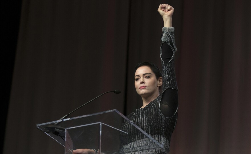 Actress Rose McGowan speaks at the inaugural Women's Convention in Detroit, on Oct. 27. McGowan recently went public with her allegation that film company co-founder Harvey Weinstein raped her.