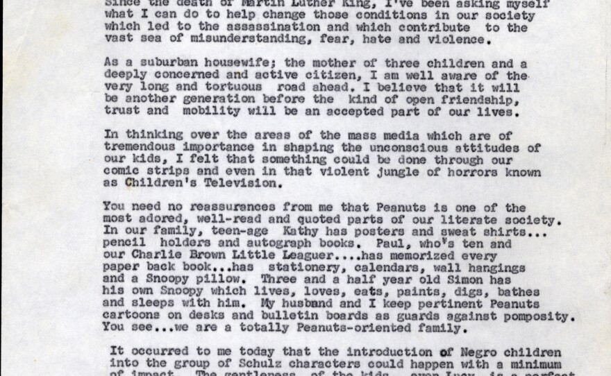 A 1968 letter from School teacher, Harriet Glickman to "Peanuts" creator, Charles Schulz urging him to add a Black character to the comic strip