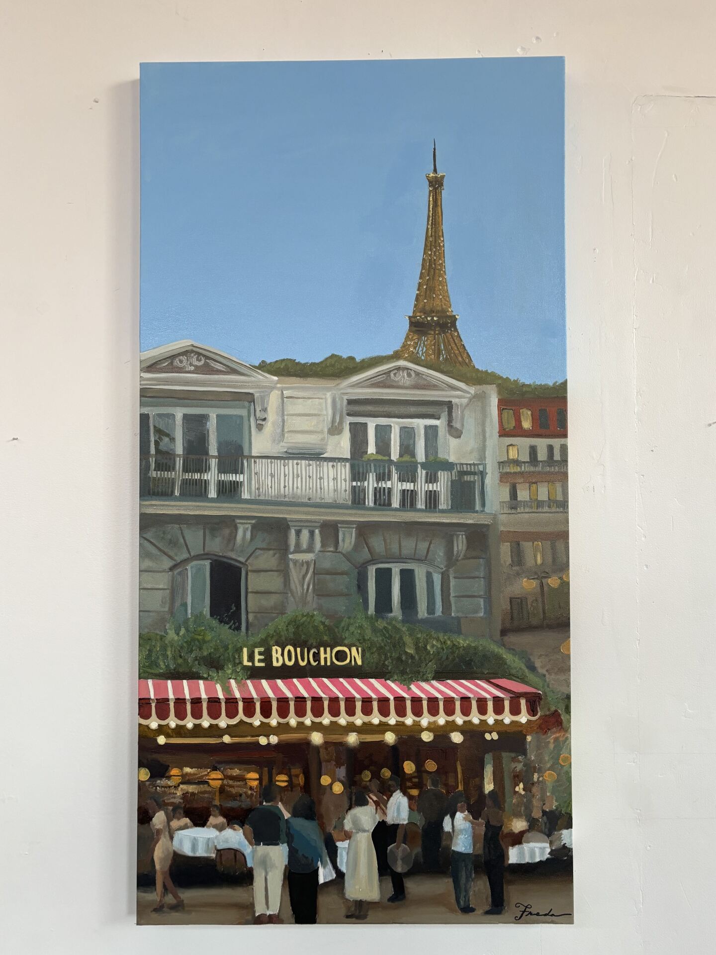 An oil on canvas painting by Gillis titled 'Le Bouchon Cafe' showcased for his first solo art show in San Diego Made Factory on Sept. 28, 2025.